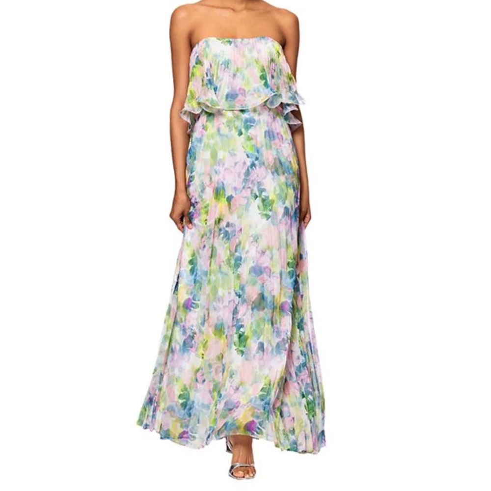 Betsy & Adam Pleated Chiffon Floral Print Ruffle Gown
